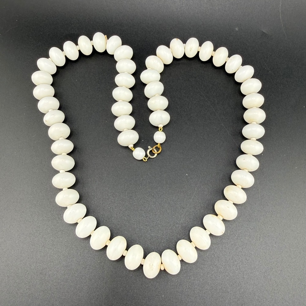 Vintage Glass Beaded Necklace Graduated Oval White Milk Strand 23 Inch
